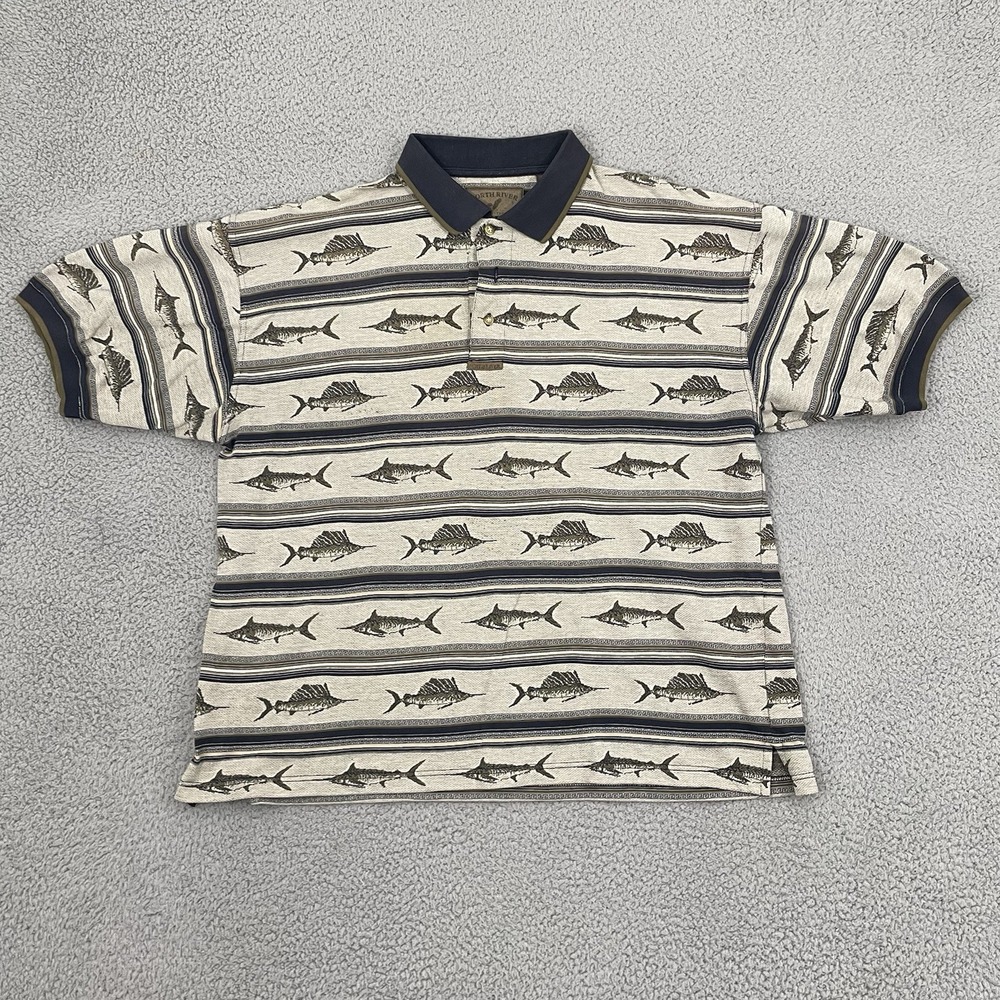 North River Outfitters Fish AOP Polo Men XL Tan Outdoor Retro Short Sleeve